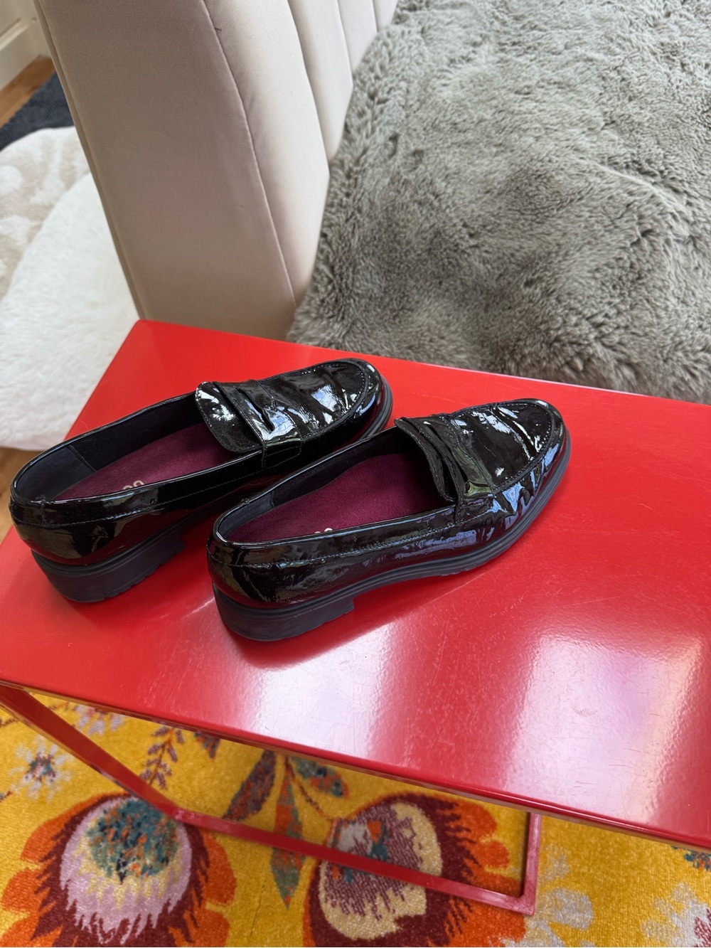 Munro Black Patent Loafers with Deep Wine Insoles